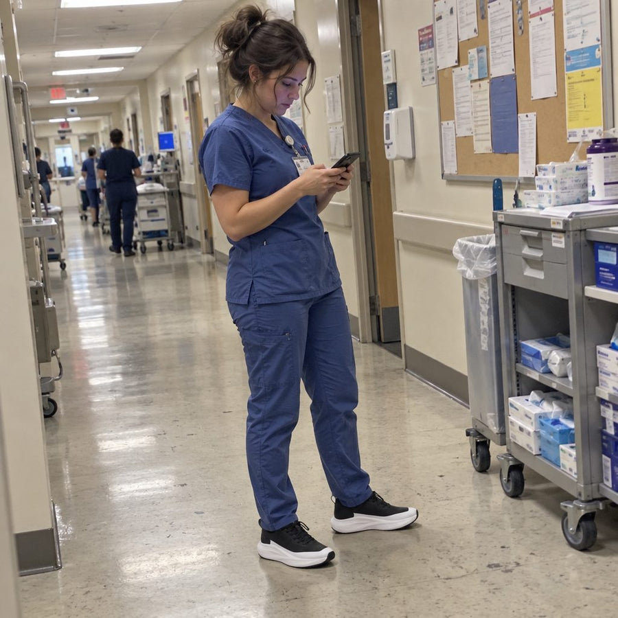 Nurse in scrubs and UOVO Breeze sneakers looking at a phone in a hospital corridor