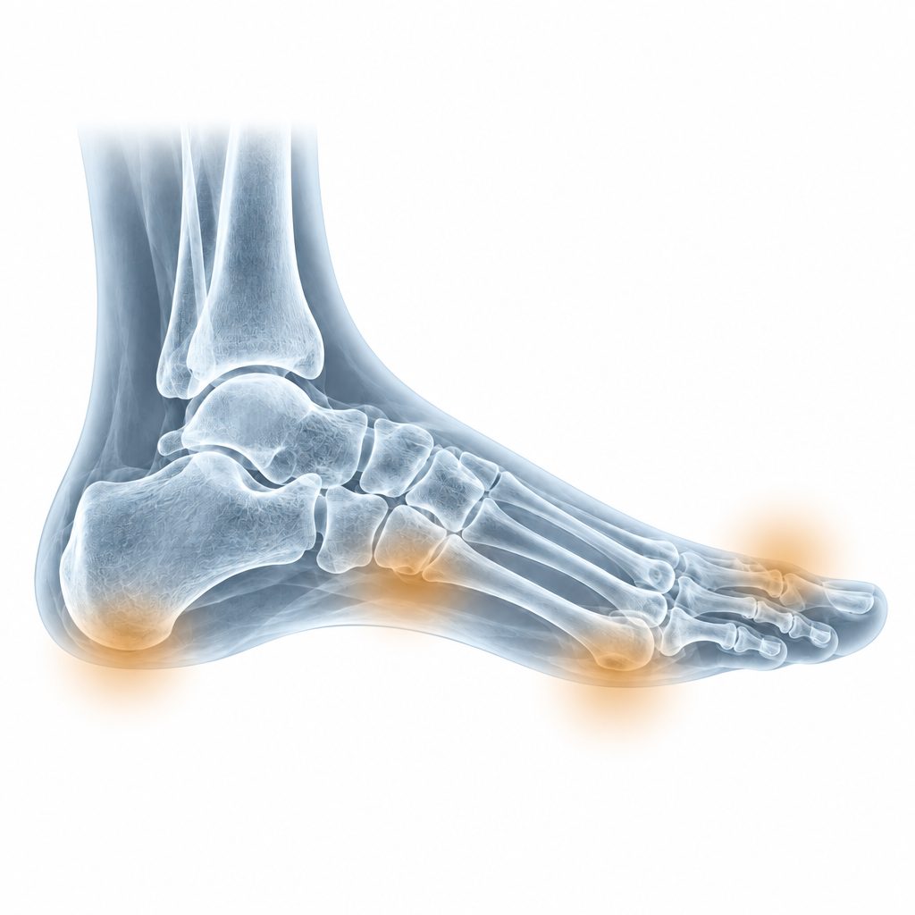 Illustration of a foot skeleton with four numbered points