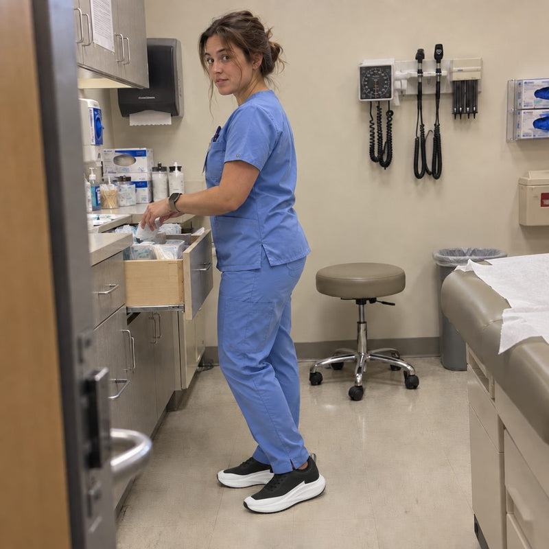 Nurse in light blue scrubs at a supply drawer in a clinic exam room