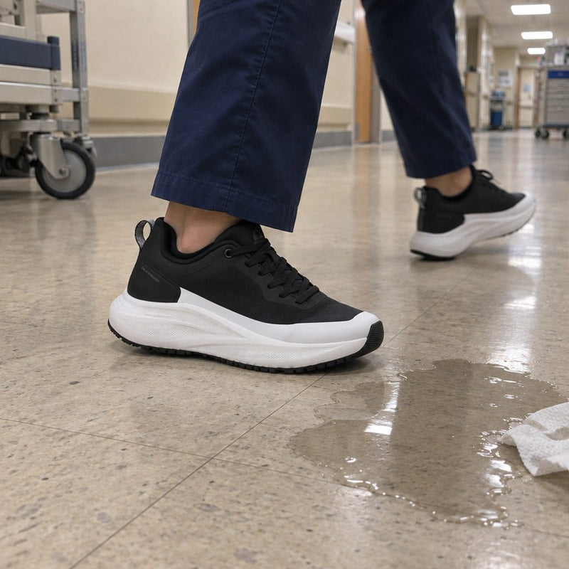 Breeze sneakers stepping past a spill on a hospital floor