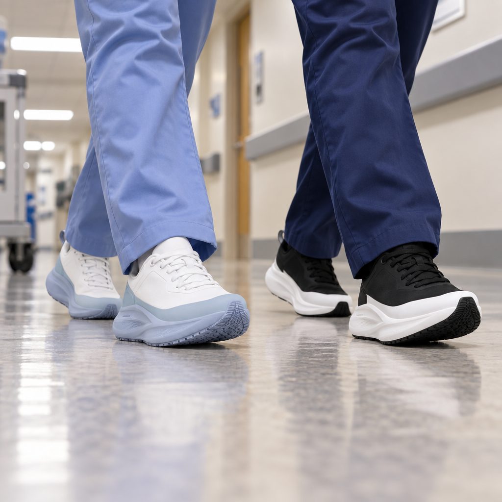 Two nurses walking a hospital corridor in Breeze sneakers