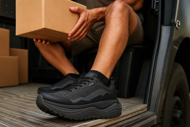 Delivery driver in black sneakers stepping out of a van with a box
