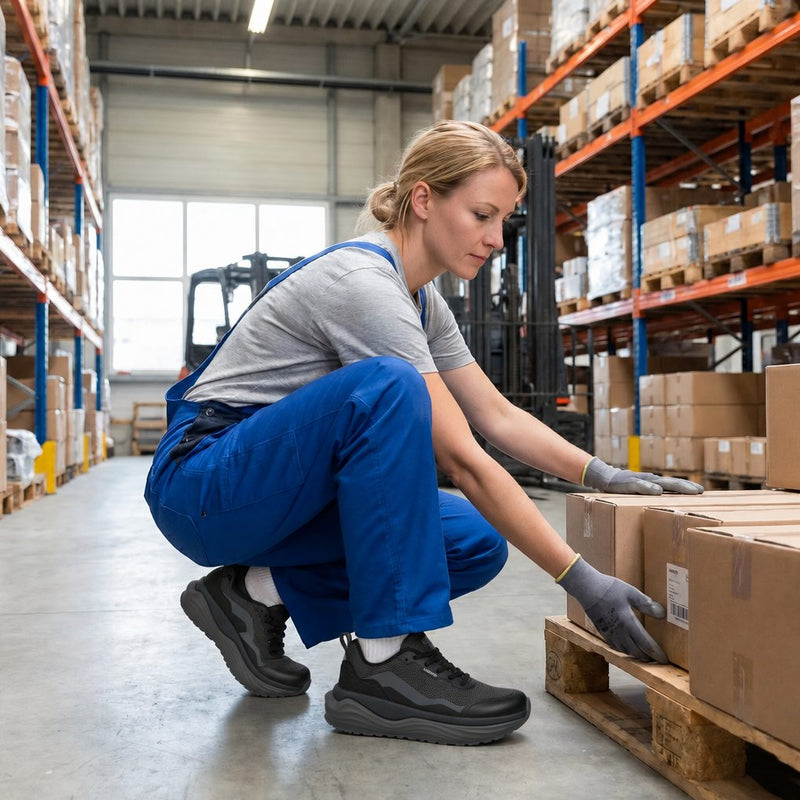 Warehouse worker in black sneakers crouching to lift a box from a pallet