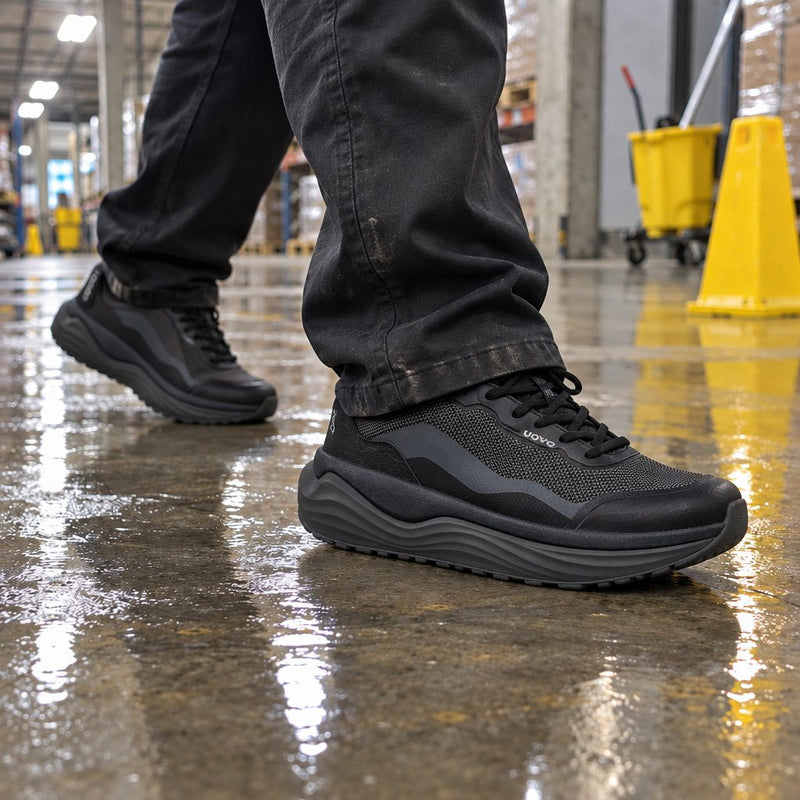 Black sneakers walking across a wet, freshly mopped warehouse floor